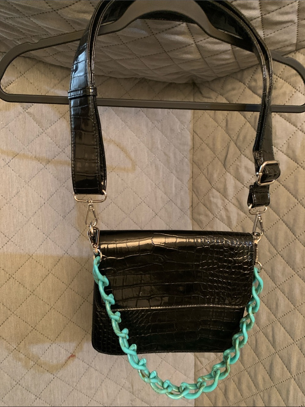 #84 Black Croc-Embossed Crossbody Bag with Aqua Chain Accent